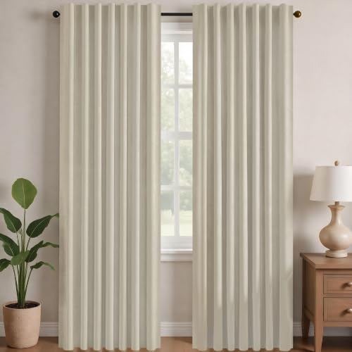 Deconovo mörkläggningsgardiner, ogenomskinliga, med rynkband, 3-i-1 termiska gardiner, sovrum, 2 stycken, 140 x 300 cm (bredd x höjd) ljusbeige