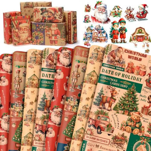 HOWAF 8 Papier Cadeau Noel Vintage, Papier Cadeaux de Noël Arbre de Noël, Flocons de Neige pour Emballages de Cadeaux Noel Decoration