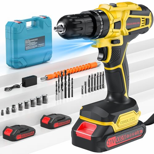 Akkuschrauber, 21V Akku Bohrschrauber Set mit 2 Akkus 2.0Ah, 45 Nm Max, 25+3 Drehmomentstufen,2-Gang,10mm Metallbohrfutter,LED-Licht,Für Reparatur & DIY