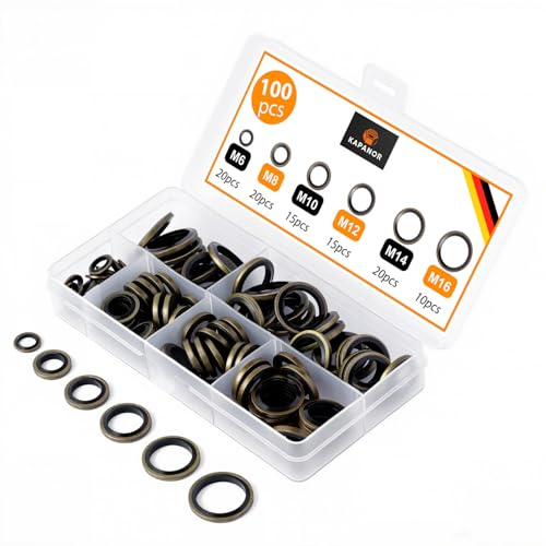 Arandelas Metal Goma Surtido de 100 Piezas ✮GARANTÍA DE POR VIDA✮ Arandelas Carter Aceite Coche M6-M16 Surtido Juntas Planas para Tapones de Sumideros Agua Combustible y Accesorios Hidráulicos