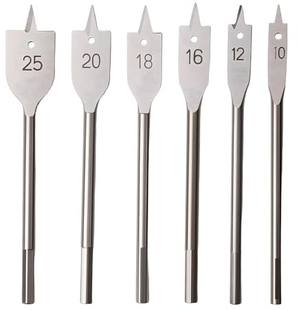 6 PCS Spade Drill Bits Set, Carbon Steel Heavy Duty Flat Bit Wood Hole Cutter with Quick Change Shank Hex Shank for Woodworking Plastic Chipboard, ø 10/12/ 16/18/ 20/ 25mm