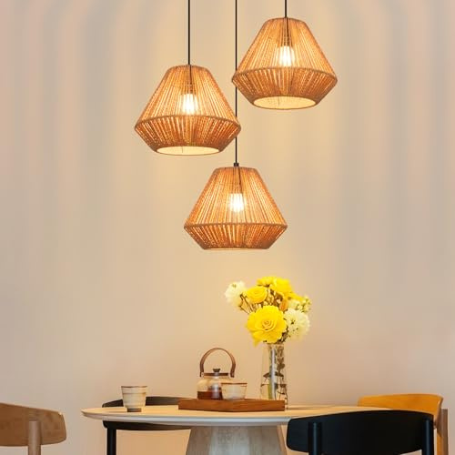 Deboola Pendelleuchte Boho Hängelampe Rattan Lampe Hängend Höhenverstellbar | Hängeleuchte Esszimmer 3 flammig Esstischlampe Retro Design mit E27 Fassung für Schlafzimmer Wohnzimmer/Ohne Leuchtmittel