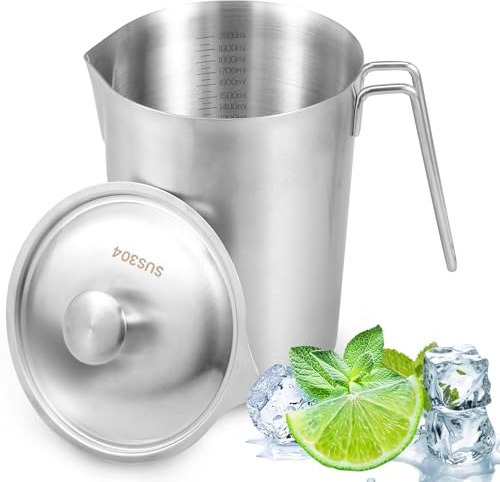 Messbecher Edelstahl 2000ml mit Feinskala, Abdeckung, BPA Frei 14,2cm, Messbecher Edelstahl Tropfschutz Robust für Zuhause Küche Restaurant Bar Teeladen Café Treffpunkt (2000ml)