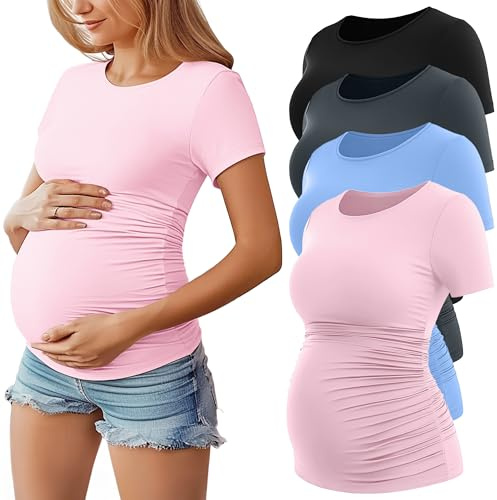 Geyoga - Confezione da 4 Magliette Premaman da Donna a Maniche Corte, con Scollo Rotondo e Arricciature Laterali(Nero, Rosa, Azzurro, Grigio Scuro,M)