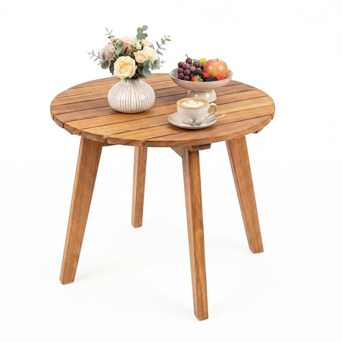 GOPLUS Beistelltisch Holz, Runder Gartentisch mit Lattenrost, Balkontisch aus Akazienholz, kleiner Holztisch wetterfest, outdoor Bistrotisch, Terrassentisch für Garten, Balkon & Terrasse, Ø 43 x 35 cm