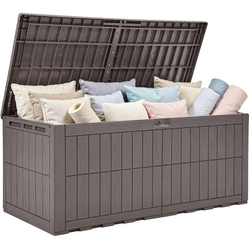 YITAHOME 833L Auflagenbox Wasserdicht, Große Gartenbox mit Schloss & Gasdruckfeder, Kissenbox mit Sitzfunktion bis 300 kg, Wetterfeste Resin Gartentruhe, UV-beständig & Belüftet, Hellbraun