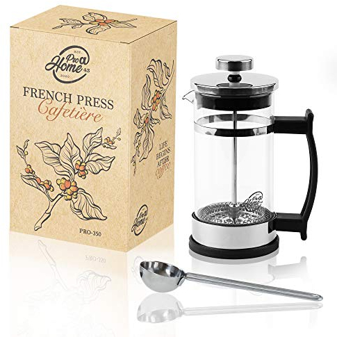 Pro@Home43 Cafetera de prensa francesa 0,35L para 2 tazas (también 0,6L), prensa de café de cristal, cafetera y tetera pequeña, incl. cuchara de café de acero inoxidable y caja de regalo