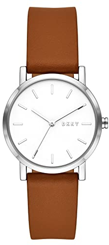 DKNY Damenuhren Soho, Dreizeiger Uhrwerk, 34mm Silberfarbenes Legierungsgehäuse mit Lederarmband, NY9202