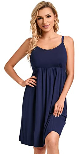 Sosolism Nursing Nightgown for Breastfeeding Summer Maternity Pajamas Dress Clip Down Pumping Sleep Gown with Padded Dark Blue, Large