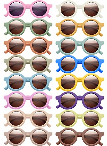 Frienda 16 Pairs Toddler Sunglasses Bulk Party Favors, Cute Round Kids Sunglasses Age 2-4 Classroom Beach for Boys Girls(Vivid Colors)