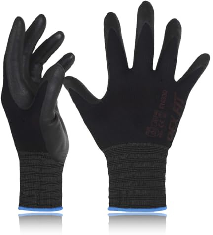 DEX FIT Nitrile Work Gloves FN330, 3D-Comfort Stretchy Fit, Firm Grip, Thin & Lightweight, Touch-Screen Compatible, Durable, Breathable & Cool, Machine Washable; Black 9 (L) 1 Pair