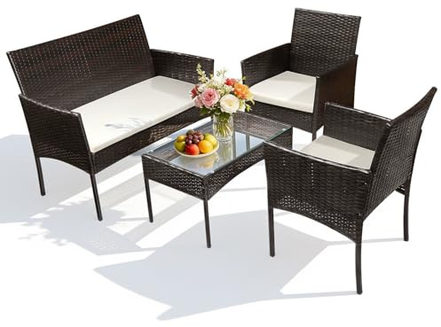 Izrielar Juego de Muebles de jardín de polirratán para balcón, Juego de Muebles de jardín con sofá, sillas Individuales, Mesa y cojín de Asiento, Muebles de terraza (marrón)