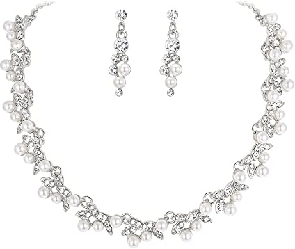 EVER FAITH Creme Perle Schmuck Set für Hochzeit Braut, Elfenbein simuliert Kristall Blatt Rebe Halskette Ohrringe
