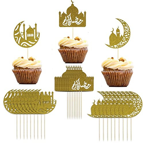 Wudaizhi Eid Mubarak Cake Topper 30 Stück Glitter Moon Star Cupcake Topper Dessert Cupcake Picks für islamische muslimische Partyzubehör