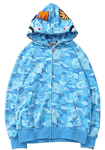 LIAOPUFUS Uomo 3D Stampato Shark Felpa con Cappuccio Hip Hop a Maniche Lunghe Zipper con Cerniera Mimetica Moda Street Wear