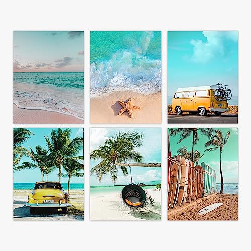 Tropical Summer Set of 6 Wanddekoration zum Thema Ozean-Strand-Thema/Vintage Nautical Wall Art, Room Decor for Surfers, Ocean Lover Bedroom Decor/Tropical Palm Trees & Surfing Wall Art (20x25cm)