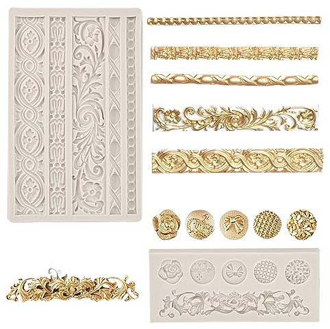 OKUYAN 2 Pack Fondant Silicone Mold 3D Baroque Sculpted Cake Mould Scroll Border Embossed Lace Molds Retro Relief Fondant Mould Silicone Fondant Cake Decorating for Sugarcraft Clay Gum Icing Candy