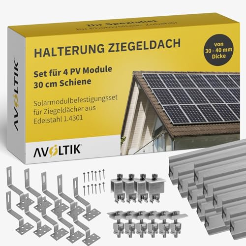 Avoltik Solar Halterung Ziegeldach I Set für 4 PV Module 30-40mm I Solarmodul Halterung Balkonkraftwerk I Solarmodulbefestigungsset für Ziegeldächer aus Edelstahl 1.4301 I PV-Halterung Montageset