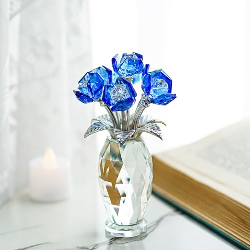 Blaue Kristallrose – Briefbeschwerer & Sammlerstück für Zuhause | Kristallrose, handgefertigt, blau, aus Kristallglas. Ornament & Briefbeschwerer für Wohnzimmer, Büro oder Vitrine.