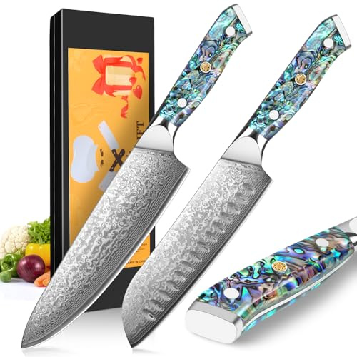 BILLION DUO Damast Messerset, Küchenmesser Set 2-tlg, 67 Schichten Damaststahl Kochmesser, Profi Chefmesser Santokumesser mit Kunstharz Handgriff mit Perlmuttplatten