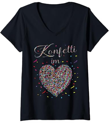 Damen Konfetti im Herzen Fasching Karneval Konfetti Kostüm Outfit T-Shirt mit V-Ausschnitt