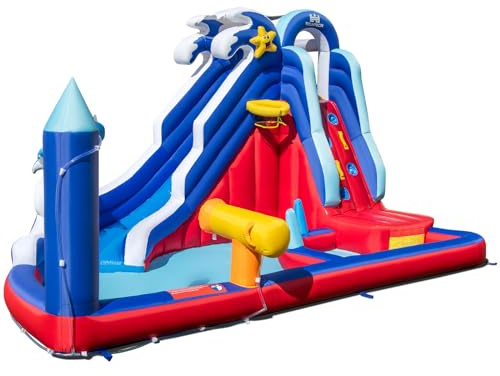 COSTWAY Castello Gonfiabile per Bambini, Casa Gonfiabile con Scivolo, Piscina, Parete da Arrampicata, Cannoni d'Acqua, Basket e Gioco degli Anelli, per Bambini di 3-10 Anni, 413 x 300 x 235 cm