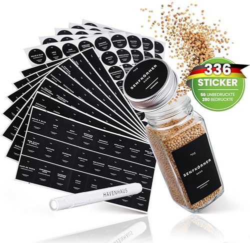 HAVENHAUS Gewürzetiketten Set schwarz | 336 deutsche Gewürzetiketten selbstklebend fett- & wasserabweisend | Gewürzaufkleber modern inkl. 56x blank für individuelle Beschriftung | Gewürz Aufkleber Set