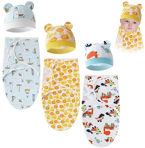 Pucksack Baby 3 Stück Set Unisex Baby Pucktuch mit Kopfschutz Mütze Baumwolle Verstellbares Wickeldecke Babyschlafsack für Säuglinge Babys Neugeborene 0-6 Monate
