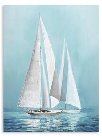 Lienzo decorativo para pared, diseño de barco de vela azul, cuadro moderno de velero, pintura costera, pequeño póster náutico enmarcado para sala de estar, dormitorio y baño