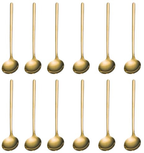 Olleco Lot de 12 cuillères à café dorées en acier inoxydable, cuillères à café, cuillères à dessert, petites cuillères pour sucre, glace, gâteau, 13 cm, élégantes et inoxydables