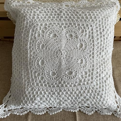 MINDPLUS Cotton Hand Crochet Lace Throw Pillow Cushion Cover Decorative Handcraft Pillowcase 15.7 x15.7 inch Floral Pattern Vintage Rural Style (B White)