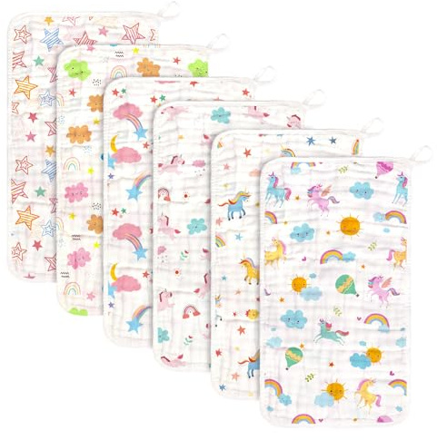 decalsweet 6 Stück Spucktücher Baby aus 100% Baumwollem 50x30cm, Moltontücher Baby Weich Atmungsaktiv und Saugfähig Mulltücher, Mulltücher Baby Baumwollwindeln für Neugeborenen Geschenk（Einhorn