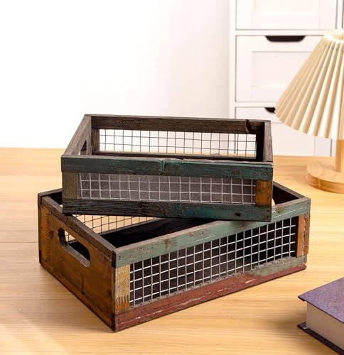 TIMRIS Set of 2 Rustic Wooden Countertop Baskets, Farmhouse Distressed Nesting Boxes, Small Decorative Wooden Storage Crates, Reclaimed Wood Organizer Baskets with Wire Mesh (Random)