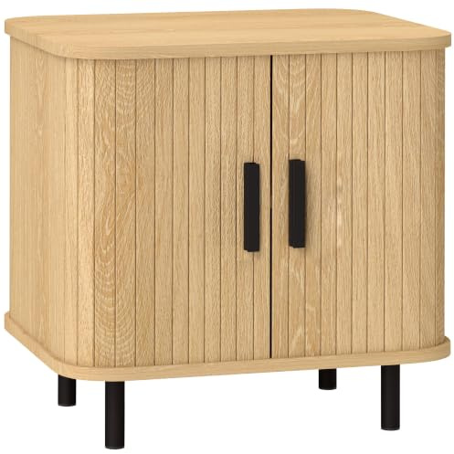 HOMCOM Bedside Table with Roller Shutter Style Sliding Doors Oak Tone | Nordic Side Table, Metal Legs, for Bedroom, Living Room