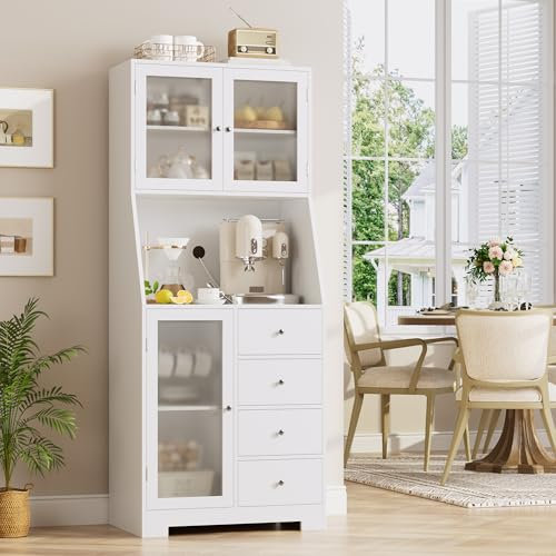 HOCSOK 163cm Küchenschrank, Buffetschrank mit Arbeitsplatte, Vorratsschrank Küche mit 3 Türen und 4 Schubladen, Hochschrank Küche für Wohnzimmer Esszimmer Bar, Weiß