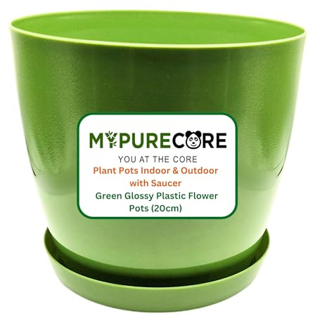 MYPURECORE Plant Pots Indoor 20cm with Saucer – Stylish Glossy Plastic Flower Pot – Durable Indoor & Outdoor Planter for House Plants, Herbs, & Succulents (Green, 20 cm)