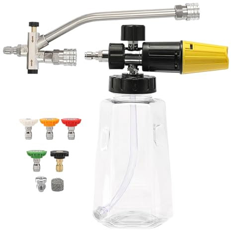 Adaptador de pistola de espuma de doble conexión, pulverizador de espuma para manguera de agua, 5 juegos de boquillas, recipiente de jabón de 1000 ml, accesorios de limpieza para motocicleta, terraza