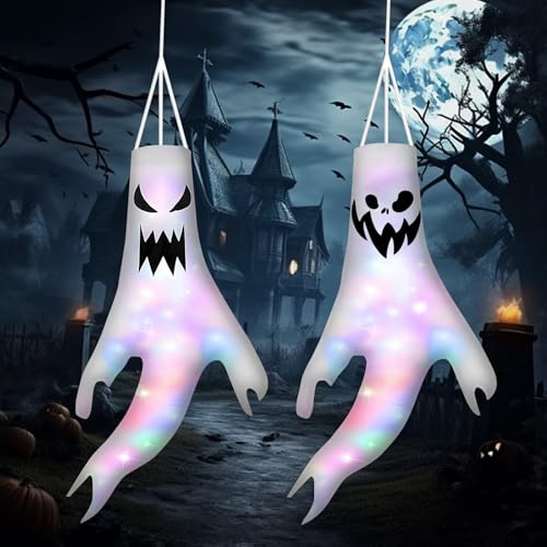Halloween Ghost Windsocks, Hanging Garden Decorations, 2Pcs Ghost Decoration with LED Lights, Halloween Outdoor Decorations for Party, Yard Garden Door Lawn Dead Tree