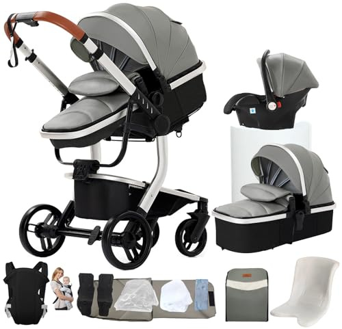 NADDLILY PU-Leder Kinderwagen 3 in 1, Buggy mit Umkehrbarem Zwei-Wege-Schub, Kinderwagen Faltbarem Tragbarem One-Click-Design, Kinderwagens 3 in 1 Komplettset mit Zubehör Hohe Landschaft (L518 Grey)