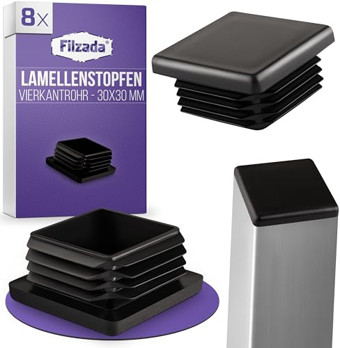 Filzada® 8X Lamellenstopfen Eckig 30x30mm Vierkantrohre - Endkappen | Rohrabdeckung Kunststoff wasserfest - Stuhlbein Stopfen, Rohrendkappen - UV-beständig - Kunststoffkappen für Rohre, Zaun