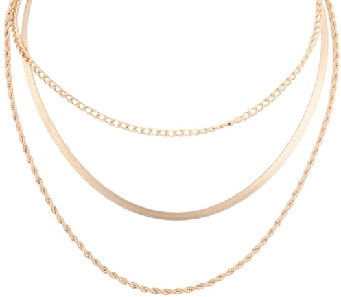 3 Delat Guldkedja Halsband Set för Kvinnor, O-Länk med Orm och Tvinnat Rep Kubanska Kedjor Justerbar Längd Stapelbara Smycken Present