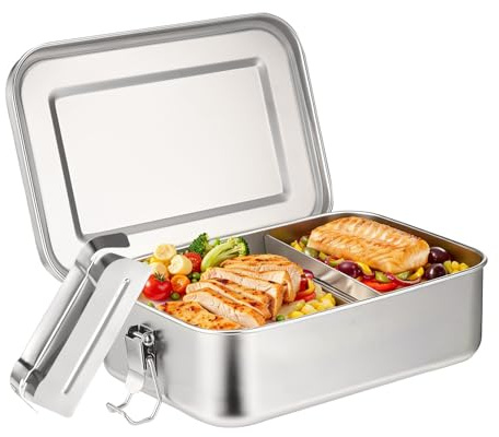 Holtrae Brotdose Edelstahl mit 2 Fächern, 1400ml Lunchbox Auslaufsicher, Lunchbox Bewegliche Trennwand, Brotdosen Metall Umweltfreundlich & BPA-frei, Vesperdose, Pausenbrot, Für Erwachsene & Kinder