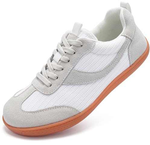 Barefoot Shoes for Womens Trainers Extra Wide Fit Arch Support Memory Foam Running Shoes Ladies Lace Up Lightweight Non Slip Outdoor Walking Sneakers Grey White UK 5.5