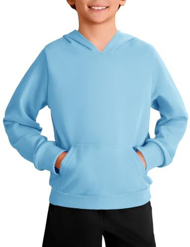 Haloumoning Felpa con cappuccio a maniche lunghe, per bambini, tinta unita, casual, vestibilità normale, con tasca a marsupio, 5-14 anni