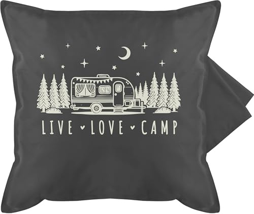 Kissenbezug - Camping Kissen - Live, Love, Camp - Wohnmobil Camper Ausrüstung - 50 x 50 cm - Grau - kuschelkissen für campingfans wohnwagen geschenke campervan campen mit kissenhülle motiv zelten