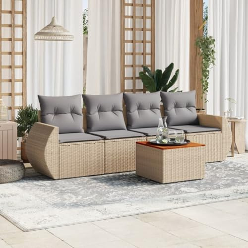 QJBSAVVA 5-TLG. Gartenmöbel Set Beige 55x62x69 cm Poly Rattan mit Akazienholztisch, platzsparende Sitzgruppe Outdoor, modular, UV-beständig, für Balkon, Terrasse & kleine Gärten