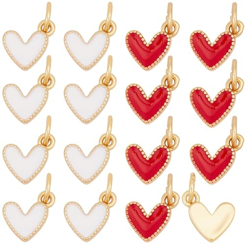 Beebeecraft 24 Stück 2 Farben Emaille Herzanhänger Kleine Flache Baumelnde Liebesherzanhänger 18K Vergoldet Rot Weiß Für Valentinstag Schmuckherstellung DIY Bastelarbeiten Armbänder Und Halsketten