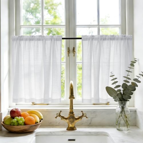 GFCC Scheibengardinen modern Leinenoptik Kurz 2Per H60xB65cm Weiß Küchengardinen Bistrogardine Wohnwagen Vorhänge Landhausstil Gardine für Küchen Schrank Wohnwagen Klein Fenster