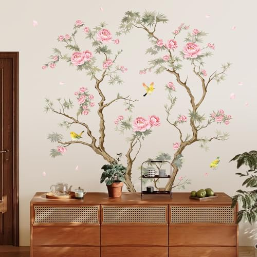 SHUCHING Stickers Muraux Grandes Fleurs Roses, Autocollant Mural Arbres à Fleurs Roses Vintage, Décoration Murale pour Chambre Salon