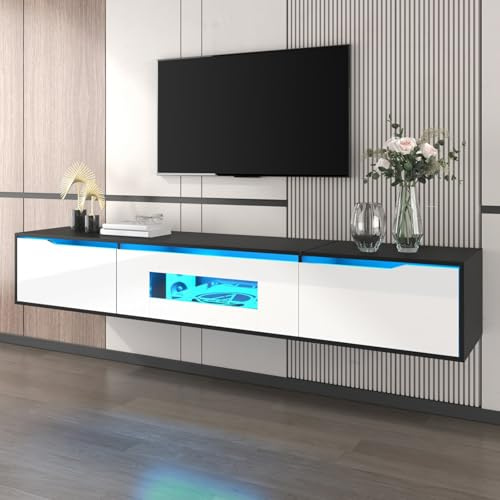 HUIVEYA Meuble TV Brillant 180cm avec LED Multicolore, Buffet TV Modern avec Rangement, Alimentation USB, Fixation Murale Possible, Banc TV pour téléviseur 50 à 59 Pouces (Black+White)